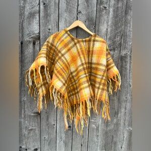 1960s Yellow Orange Plaid Fringe Vintage Mohair Poncho